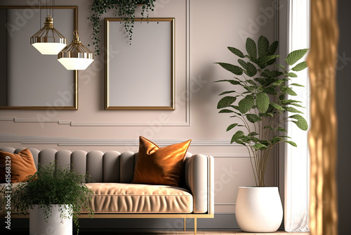 Photographie A chic home interior includes a mock up frame, vintage inspired furnishings, lights, a design sofa, and plants in gold pots