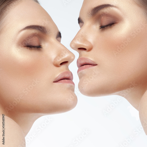 Two close-up mirror profiles of caucasian woman. Perfect skin, natural makeup