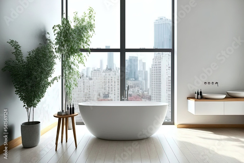 Front view on bright bathroom interior with bathtub  empty white wall  stool with towels  oak wooden floor  panoramic window with city skyscraper. Generative AI