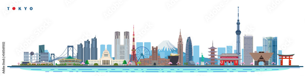 Tokyo city historical landmarks. Horizontal isolated vector illustration on the theme of Japan travel and tourism. - obrazy, fototapety, plakaty 