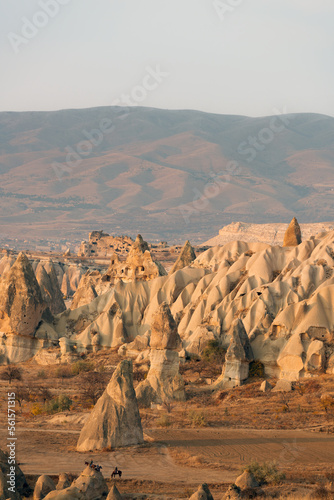 Stunning Cappadocia landscape with the rock formations during a beautiful sunset. Red & Rose Valley, Cappadocia, central Anatolia, Turkey