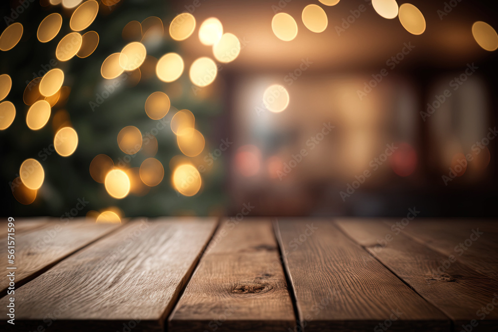 Empty wood table top on blurry bokeh decorated home interior and news year decoration. Concept Christmas time for web banner , display or montage your products. Generative AI Empty wood table top on blurry bokeh decorated home interior and news year decoration. Concept Christmas time for web banner , display or montage your products. Generative AI