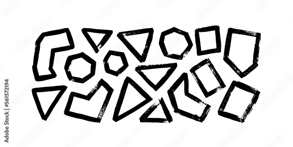 Abstract geometric shapes isolated on white background. Set of brush drawn hexagons, triangles and squares. Ink brush scribbles decorative elements. Hand drawn black ink illustration. Abstract geometric shapes isolated on white background. Set of brush drawn hexagons, triangles and squares. Ink brush scribbles decorative elements. Hand drawn black ink illustration.
