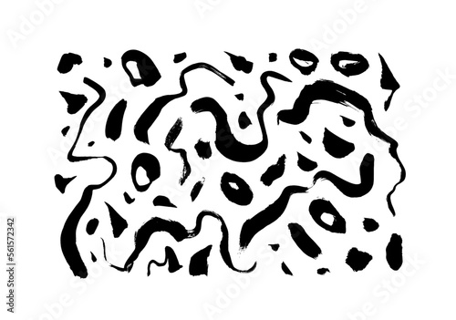 Doodle curved brush strokes with splotches isolated on white background. Hand drawn vector organic elements. Simple geometric freehand brush strokes. Messy and scattered black ink dry lines.