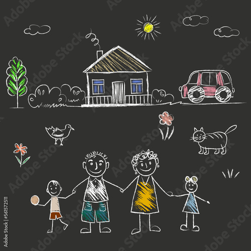 Family - little girl and boy holding hands with mother and father, cat, car, bird, House, sun, clouds, flowers, summer day. doodles are drawn by a child's hand with chalk on  school board.