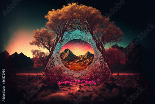 Neon Sacred Geometry in Mountainous Landscape at Sunset Generative AI photo