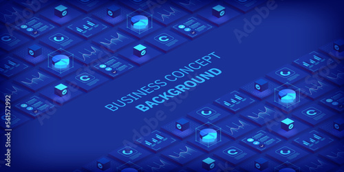 Business and finance abstract vector isometric background. Online statistics and data analytics. Digital money market; investment and trading. Perfect for web design; banner and presentation.