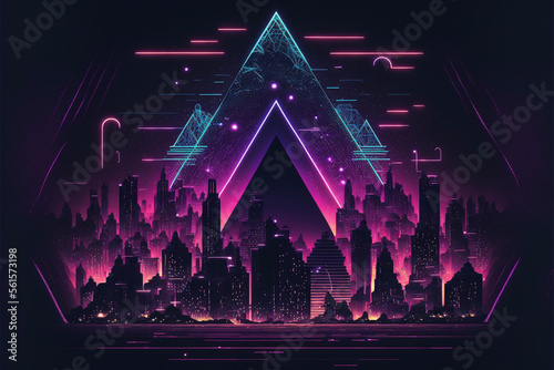 Futuristic Neon Cityscape Pyramid Triangle at Night Generative AI