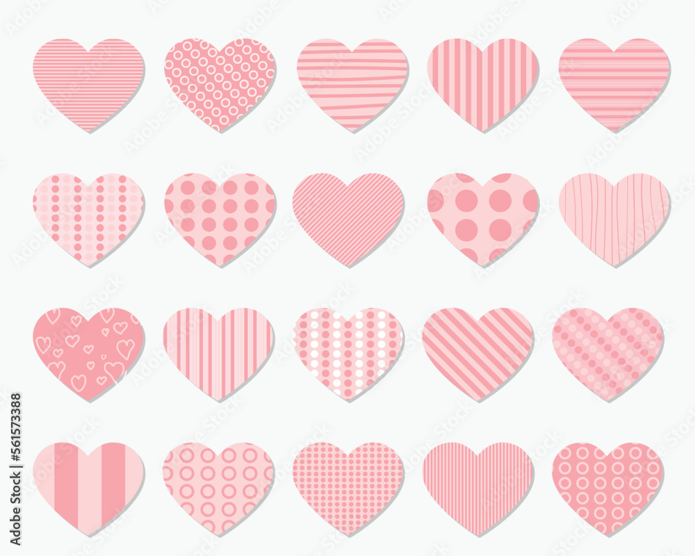 Pink heart icon set. Happy Valentines day. Cute polka dot, line pattern. Love sign symbol simple template. Greeting card. Decoration element. Square composition. Flat design. White background.