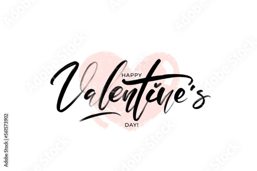 Happy Valentines Day horizontal typography poster with handwritten calligraphy and hand drawn textured heart. Vector Illustration for ads, posters, card, banners, prints.