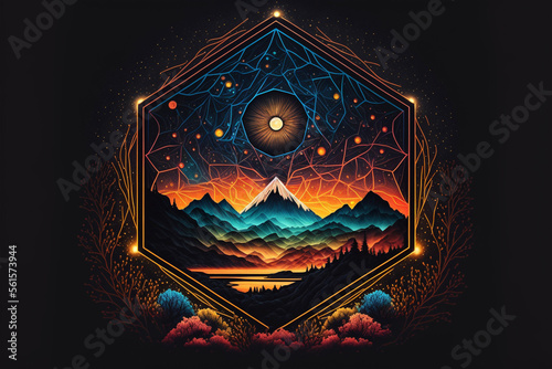 Neon Sacred Geometry in Mountainous Landscape at Sunset Generative AI photo