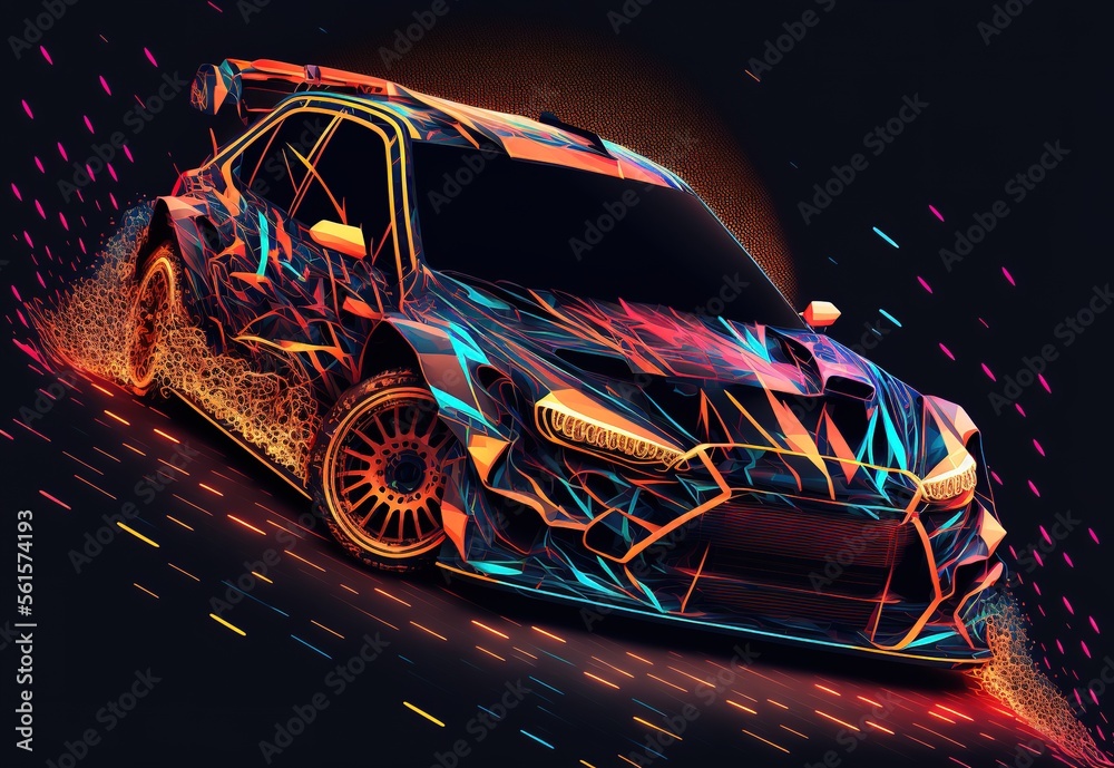 Futuristic Rallycross Futuristic Sports car or Rally Car Racing on Glowing Lines and Roads ...