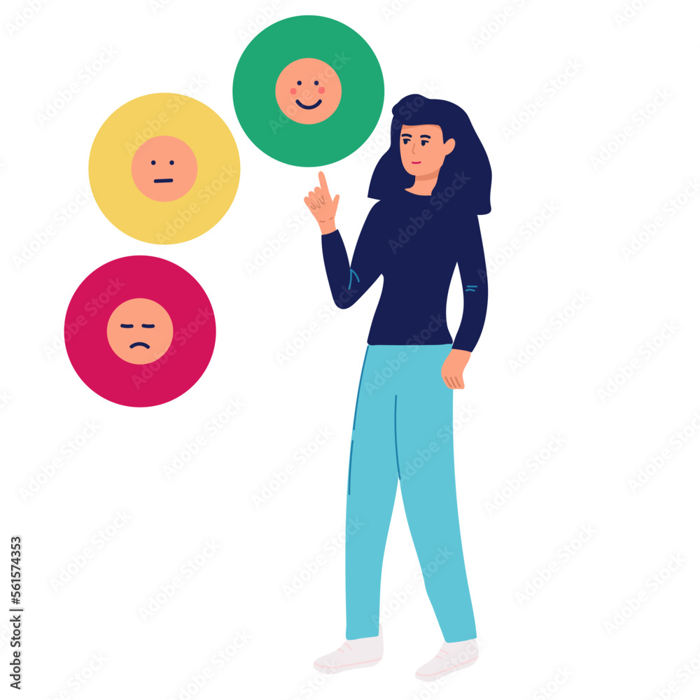 Emotional balance concept. woman develops Her emotional intelligence, definition of mood. Consciousness, self development and selfcontrol. Character juggles emoticons. Emotional balance concept. woman develops Her emotional intelligence, definition of mood. Consciousness, self development and selfcontrol. Character juggles emoticons.