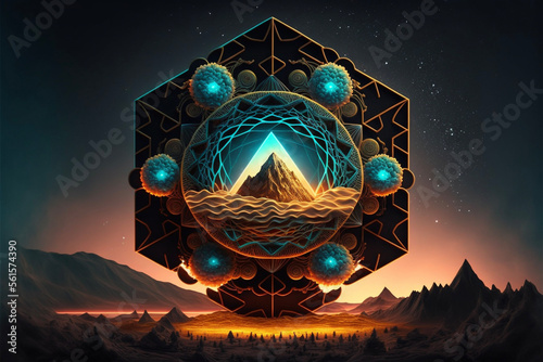 Neon Sacred Geometry in Mountainous Landscape at Sunset Generative AI photo