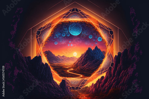 Neon Sacred Geometry in Mountainous Landscape at Sunset photo