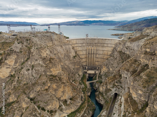 Dam of Chirkey hydroelectric power plant in Dagestan, aerial view. photo