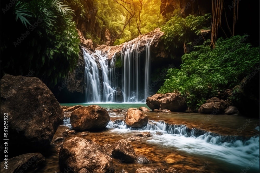 Premium AI Image  A stream in the forest with rocks and trees