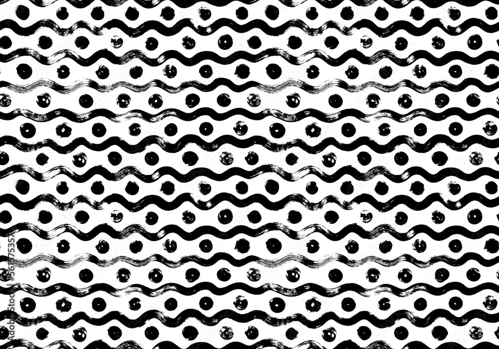 Brush drawn wavy lines seamless pattern. Repeating ripple texture. Abstract background with wavy brush strokes and circles. Horizontal curved bold lines texture. Abstract sea water vector pattern. 
