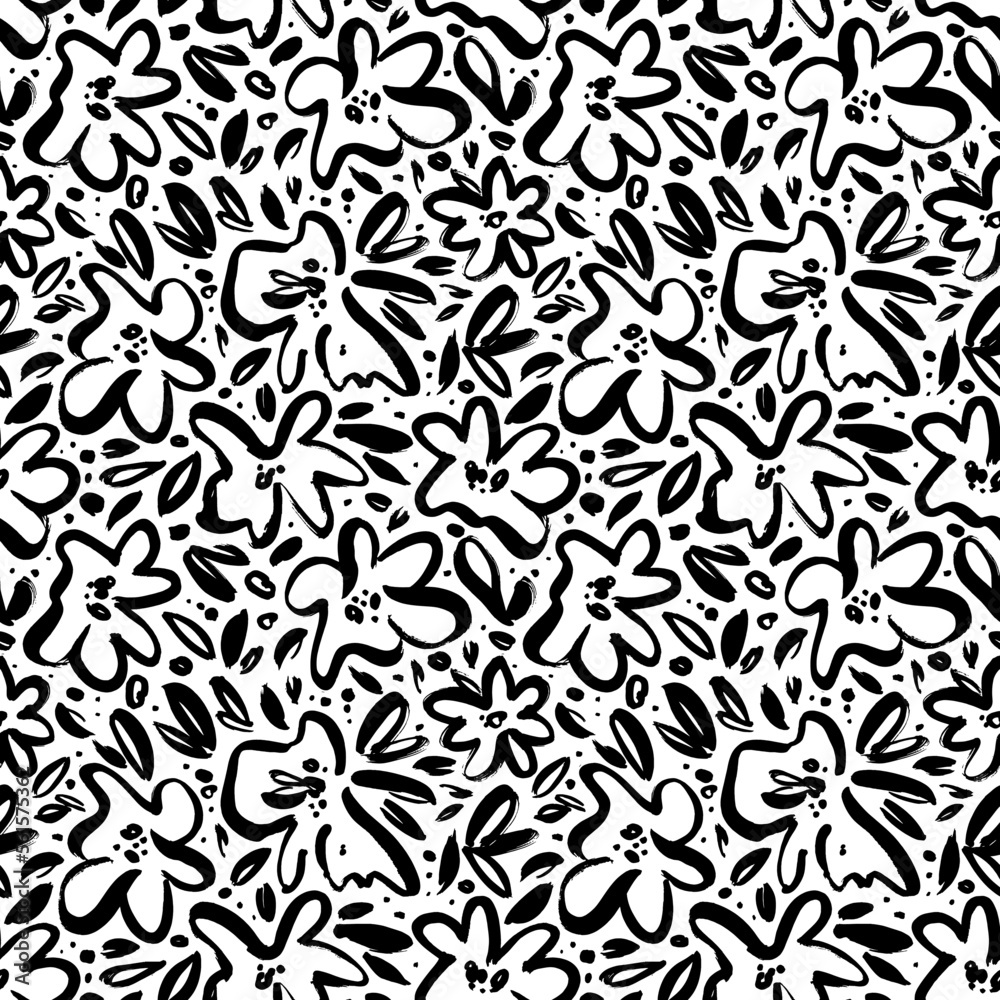 Abstract hand drawn flowers seamless pattern. Graphic brush drawn botanical pattern. Small leaves and flower petals. Camomile or daisy painted by brush. Black silhouettes of spring chrysanthemums.