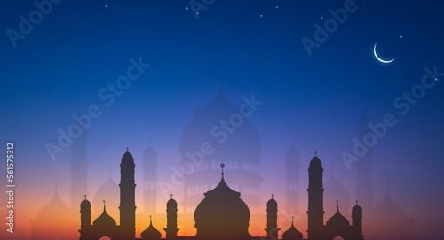 Silhouette Mosque domes with Crescent moon on blurred Twilight sky background, backdrop design for iftar period during Ramadan Holy month, illustration mode