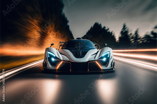 luxury white hypercar sportcar on the highway night street, generative ai