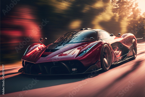 red hypercar sportcar on the forest highway, generative ai