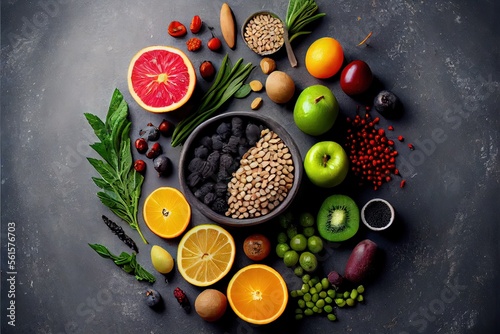 Generative AI illustration of healthy food clean eating selection: fruit, vegetable, seeds, super food, cereal, leaf vegetable on gray concrete background
