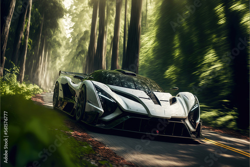 white hypercar sportcar on the jungle forest road, generative ai photo