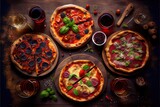 Generative AI illustration of pizza party dinner. Flat-lay of various kinds of Italian pizza, salad and red wine in glasses over rustic wooden table, top view, wide composition