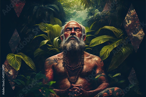 Generative AI illustration of man meditating in the jungle