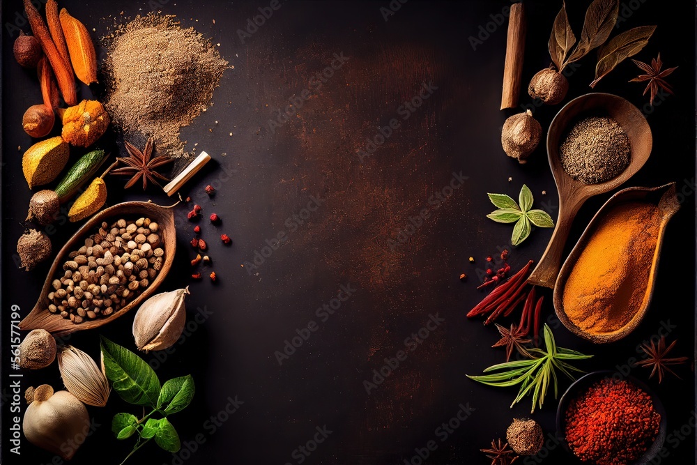 Generative AI illustration of wide variety spices and herbs on background of black table, with empty space - obrazy, fototapety, plakaty 