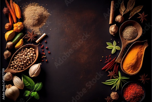 Fotobehang Generative AI illustration of wide variety spices and herbs on background of bla