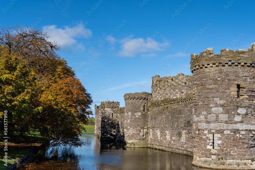Beaumaris Castle (Castell Biwmares) in Beaumaris, Anglesey, Wales, was built as part of Edward I's campaign to conquer north Wales. Moated north-west walls of the outer ward.
