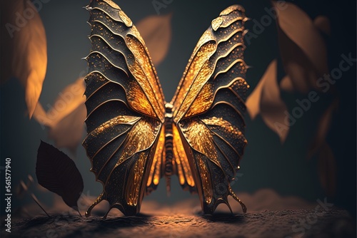 Obraz na płótnie a golden butterfly with a black background and a leafy plant in the foreground, with a dark background and a yellow background with a few leaves, and a few more than a