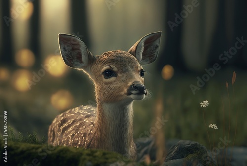 Illustration of a baby deer in the forest. AI generated image