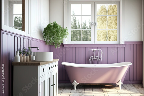 Farmhouse minimalist bathroom in white and violet tones. Wooden washbasin and bathtub. Panoramic view  wall mockup. Vintage retro interior design  3d illustration. Generative AI