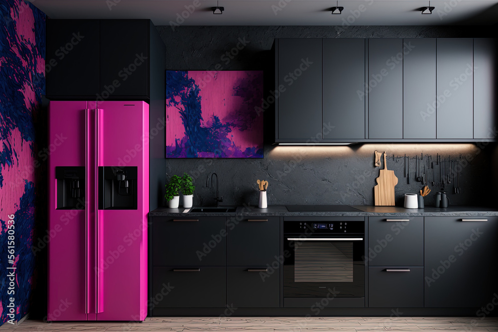 Horizontal view of the kitchen. Contrast luxury kitchen made of black graphite mdf and viva magenta 2023. No decor, black appliances, expensive and beautiful work surface. Trendy room. Generative AI Horizontal view of the kitchen. Contrast luxury kitchen made of black graphite mdf and viva magenta 2023. No decor, black appliances, expensive and beautiful work surface. Trendy room. Generative AI