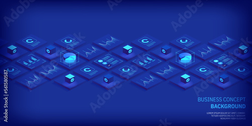 Business and finance abstract vector isometric background. Online statistics and data analytics. Digital money market; investment and trading. Perfect for web design; banner and presentation.