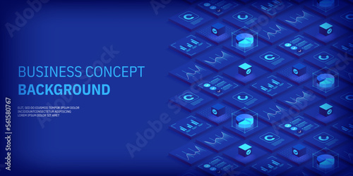 Business and finance abstract vector isometric background. Online statistics and data analytics. Digital money market; investment and trading. Perfect for web design; banner and presentation.