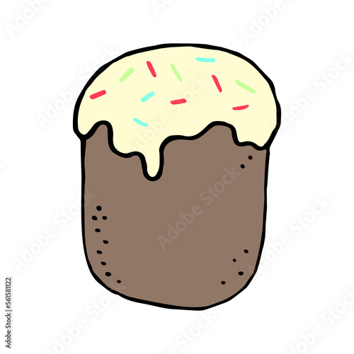 Traditional Easter bread. Cake with icing and confetti isolated on white. Kulich in doodle style