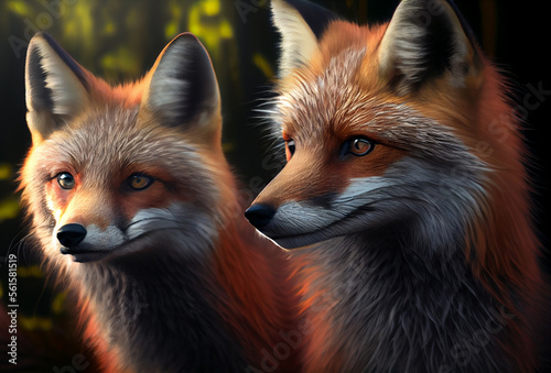 Two red foxes. Generative Ai Art. Animals in the wild.