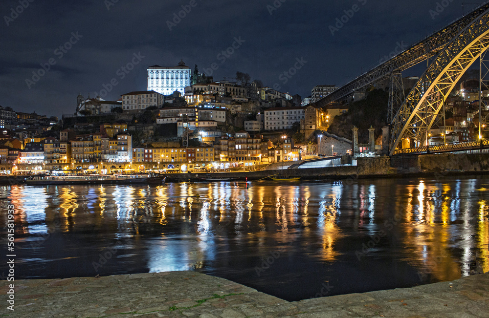 Night image of Porto, river and reflections, Portugal