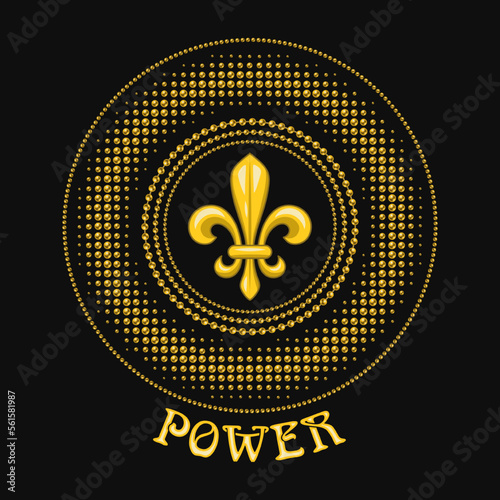 Round carnival Mardi Gras yellow colored pattern meaning power. Beads, fleur de lis symbol, text. Halftone style. For prints, clothing, apparel, t shirt, surface design. Vintage style