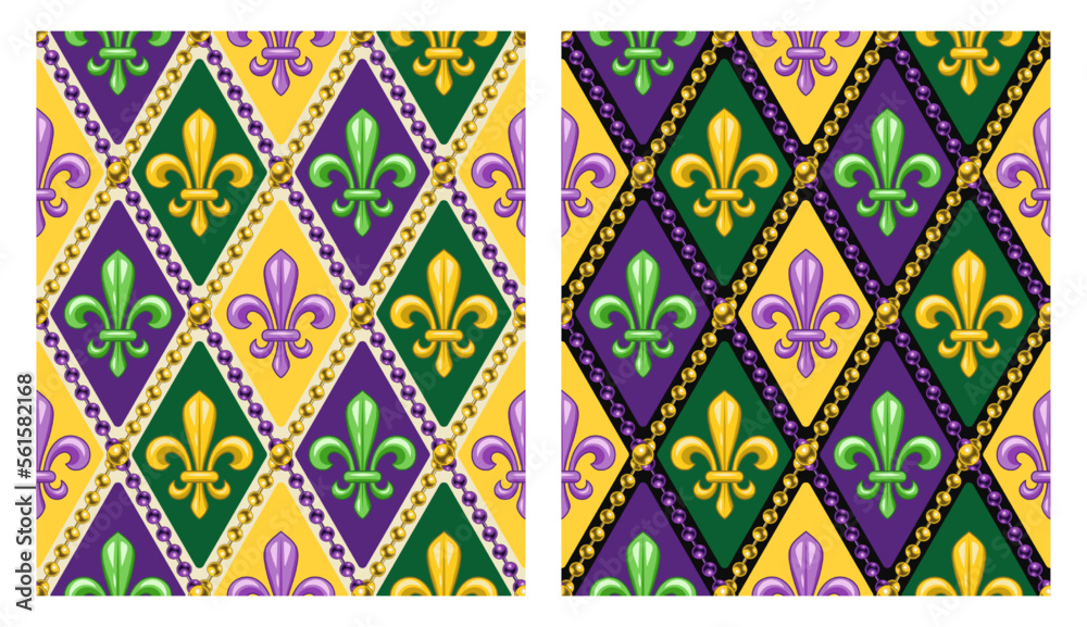Set of geometric patterns with fleur de lis symbol. Diagonal rhombus grid. Illustration for Mardi Gras carnival. Vintage illustration for prints, clothing, holiday, surface design Set of geometric patterns with fleur de lis symbol. Diagonal rhombus grid. Illustration for Mardi Gras carnival. Vintage illustration for prints, clothing, holiday, surface design