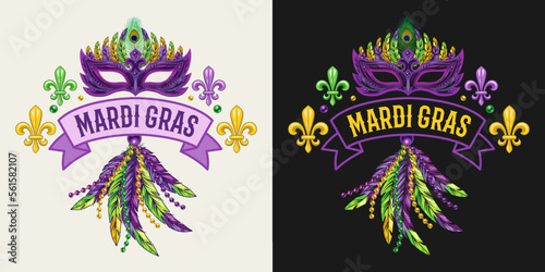 Obraz na plátně Carnival Mardi Gras label with fleur de lis symbol, feathers, carnaval mask, ribbon, beads, text