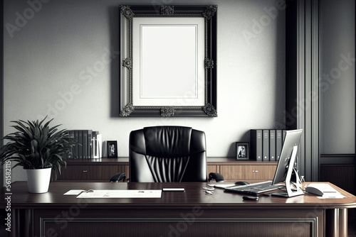 Empty frame on office wall diploma degree certificate credentials image photo poster business chief executive officer  ceo cfo cxo promotion portrait work 3d fill in blank generative ai © Distinctive Images