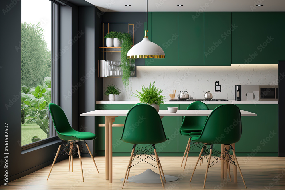 Fototapeta premium Contemporary interior design for interior mock up in dining room with kitchen. Scandinavian home decor with green chairs, wooden kitchen, template,. Generative AI