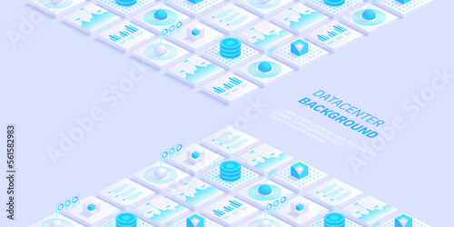 Abstract datacenter or blockchain vector isometric background Hosting server room cloud storage technology and big data processing Digital information Network mainframe infrastructure website layout