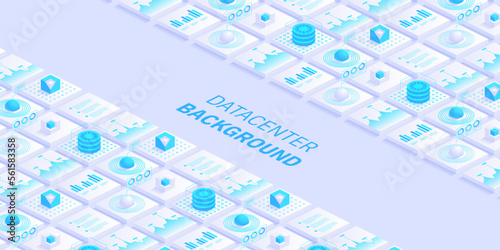 Abstract datacenter or blockchain vector isometric background Hosting server room cloud storage technology and big data processing Digital information Network mainframe infrastructure website layout