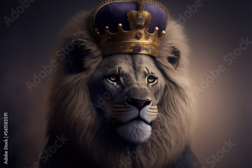 Portrait of a lion with a crown dressed in a formal business suit,  generative ai
